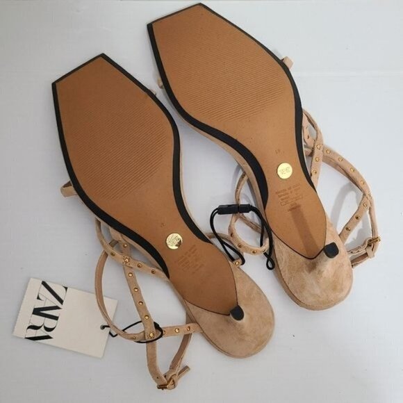 ZARA STUDDED HEELED SUEDE SANDALS SANDY BROWN SIZE 10 | 1334/110/107 - Picture 8 of 8